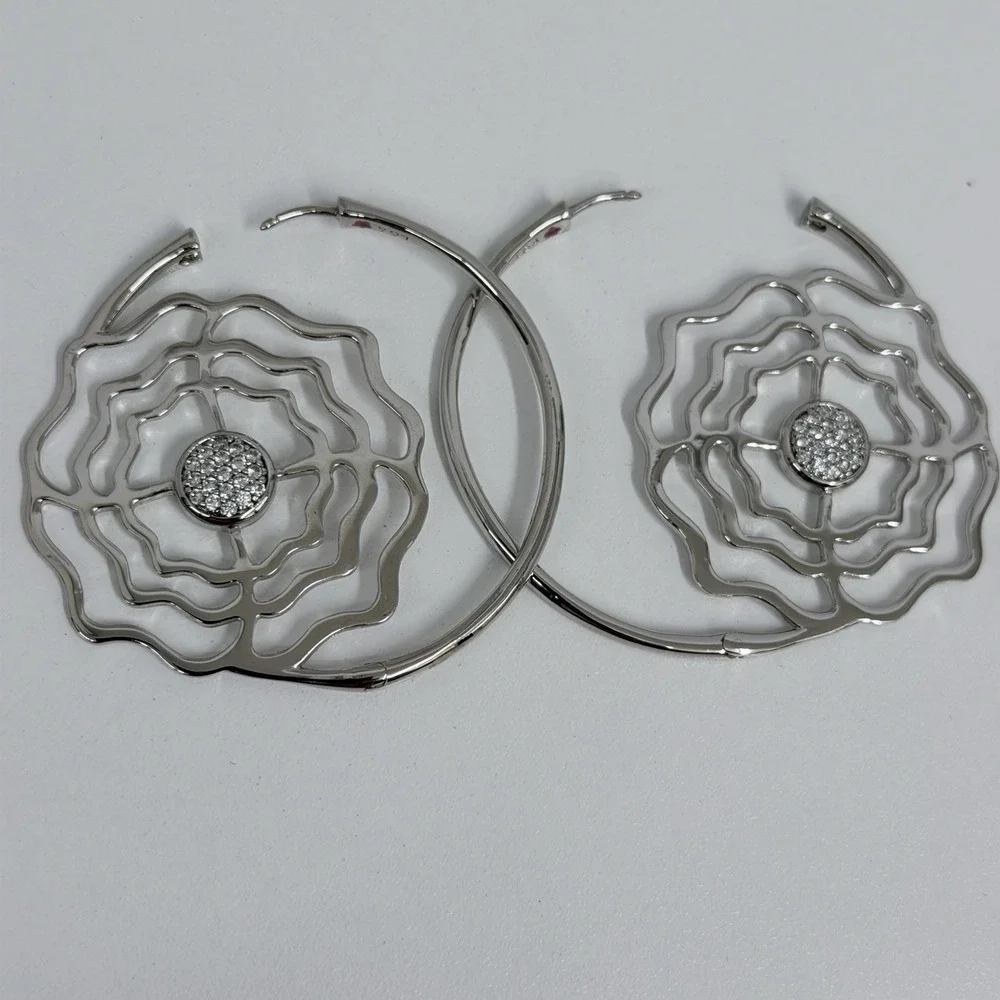 Lauren G Adams Large Rose Pave Earrings LGA Silver Tone Metal For Pierced Ears